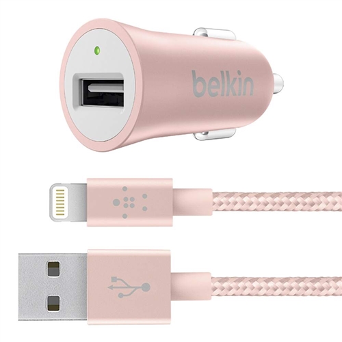 BELKIN USB autonabíječka a Lightning kabel, 2.4A, růžová